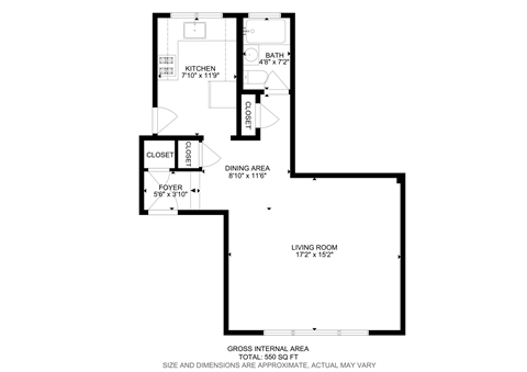 A floor plan of a house with a living room, dining area, kitchen, and closet.